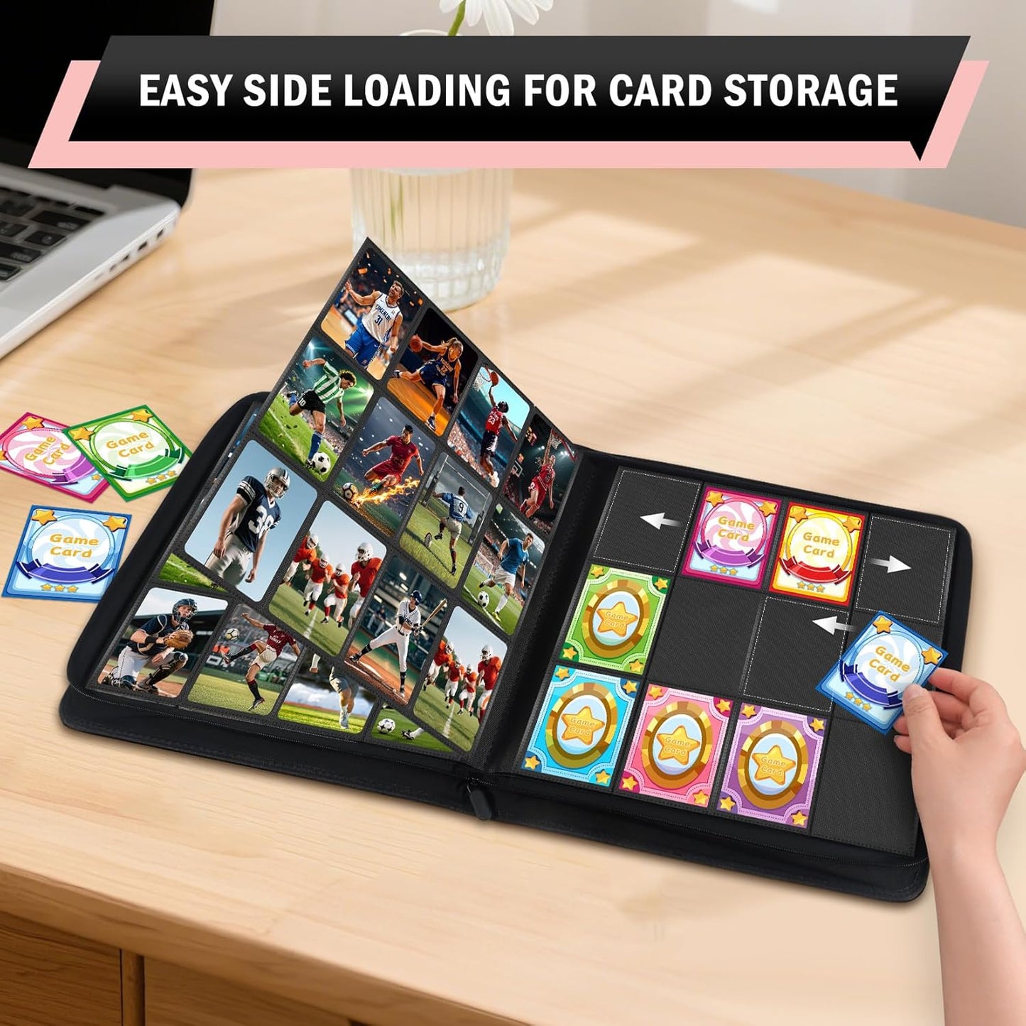 12 Pocket Card Binder, Zipper Trading Card Binder, 720 Large Capacity Side Loading Non-Ring Card Album, Double Sided Acid-Free Card Protector Binder, Card Collection for TCG, MTG, Sport Card, Pink