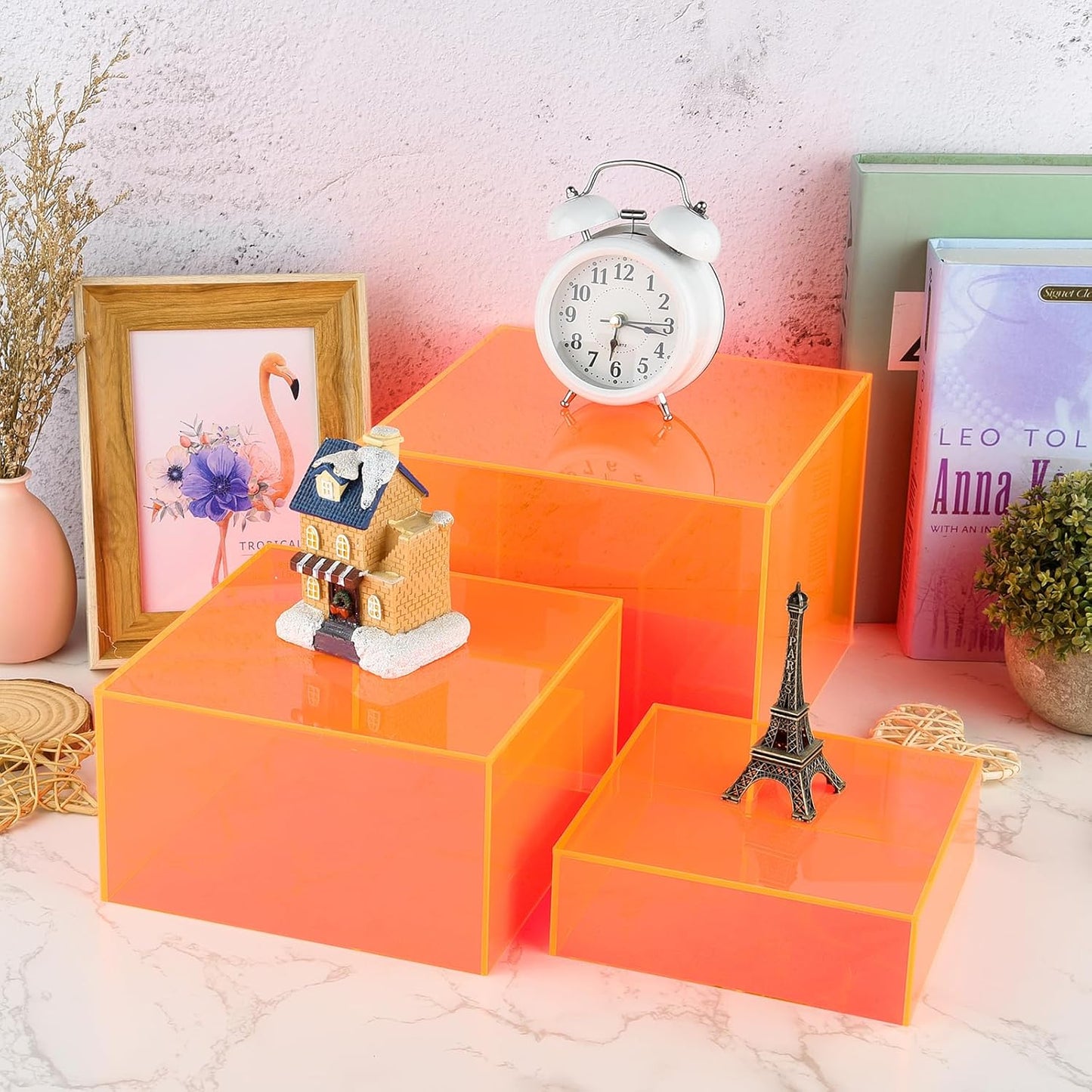 Orange Buffet Risers 3Pcs Acrylic Boxes Display Risers for Buffet Table Parties Weddings Catering Dessert (6''x7''x8'')