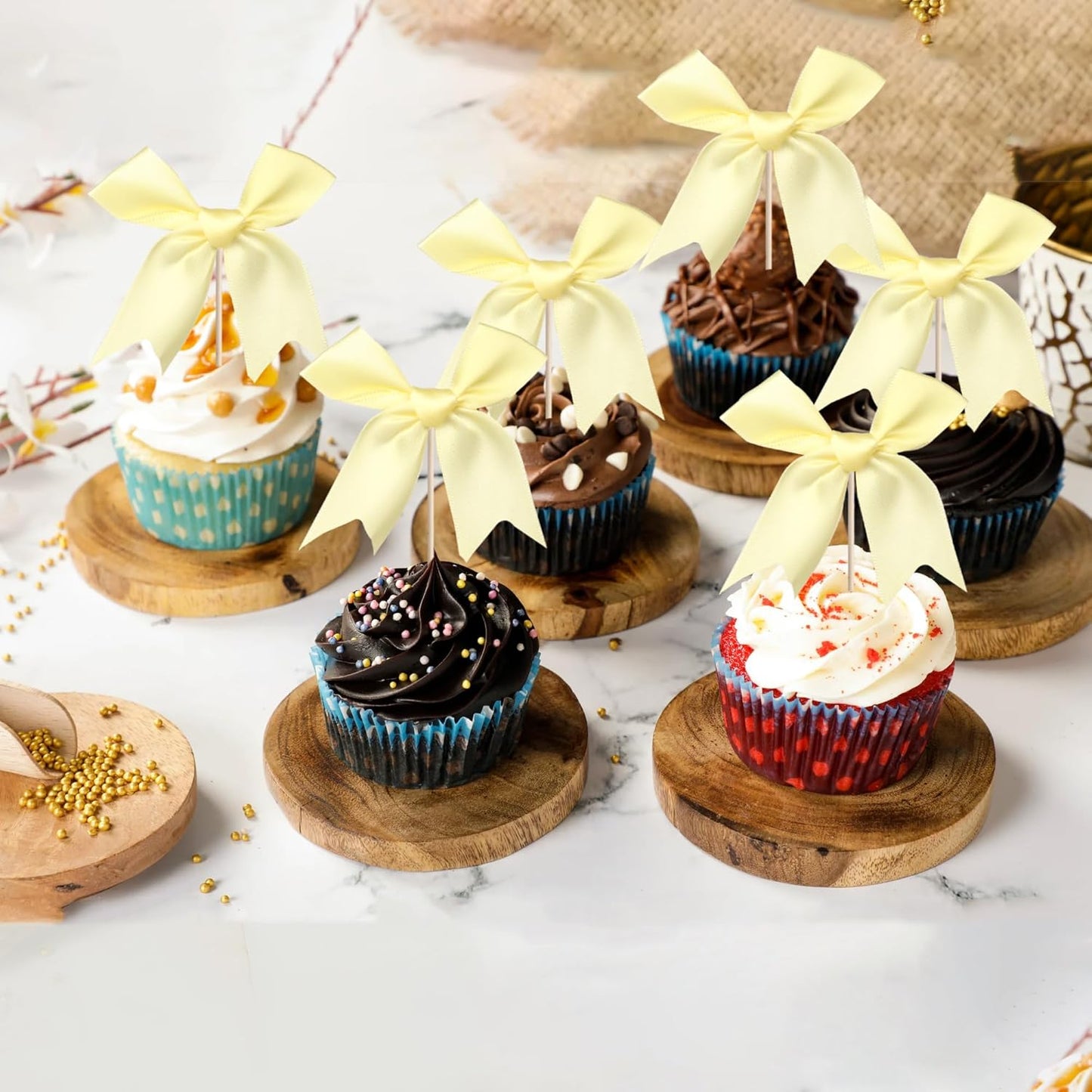 24 PCS Bow Cupcake Toppers Bow Cupcake Picks Bowknot Birthday Party Decorations Bowknot Cake Dessert Picks for Baby Shower Birthday Wedding Bridal Engagement Party Cake Decorations Supplies Yellow