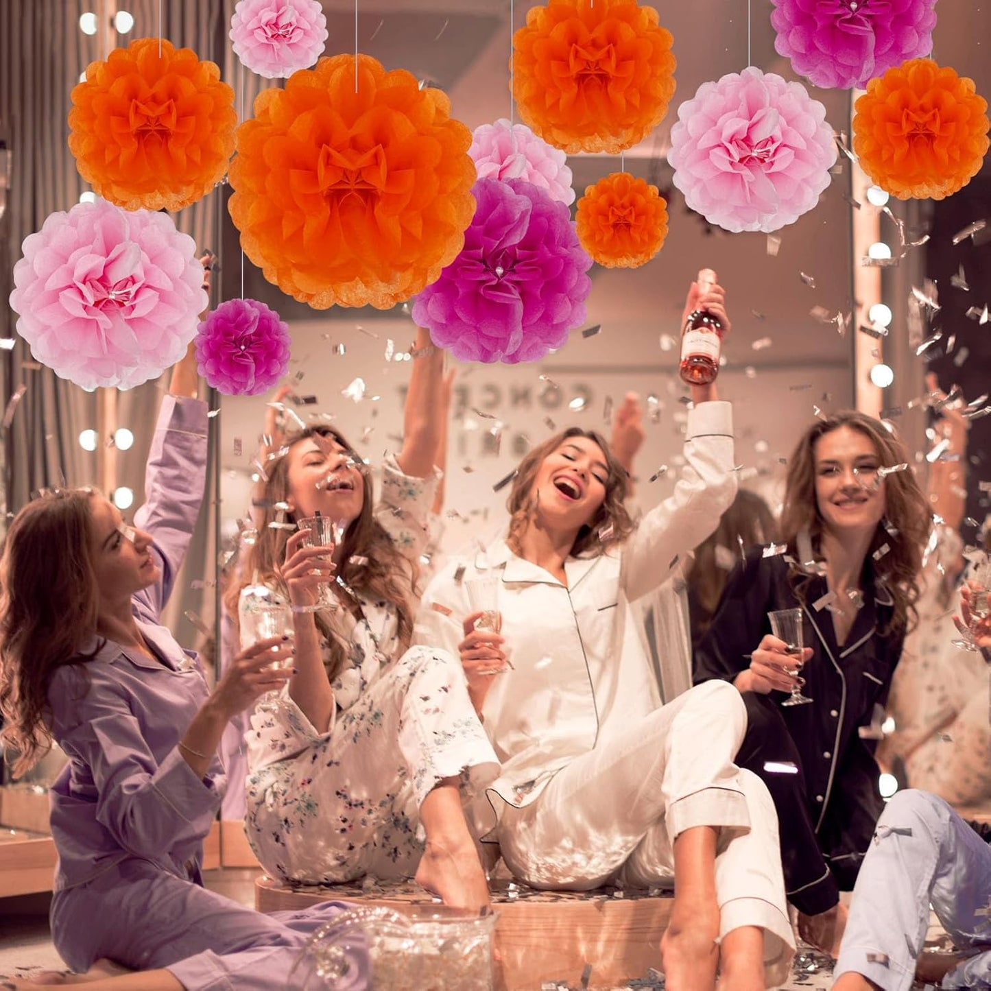 Tissue Paper Pom Poms, Pink,Orange,Fuchsia Tissue Paper Flowers, Hanging Flower Balls for Weddings Fiesta Parties Birthday Baby Showers Classroom Bridal Shower Decoration (18Piece Set-6/10/12/14Inch)