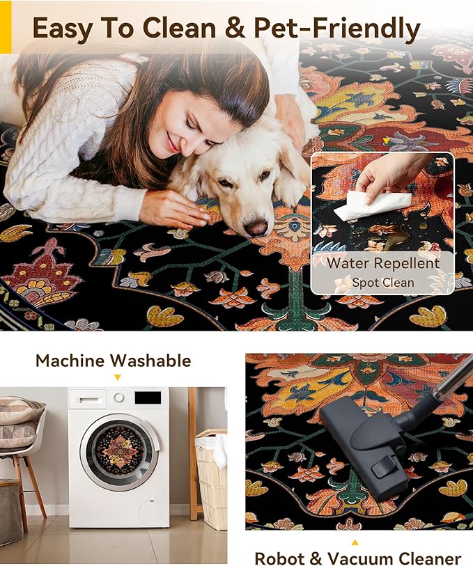 RELEANY Area Rugs Round 5ft Washable Non-Slip, Floral Vintage Distress Print - Image 5
