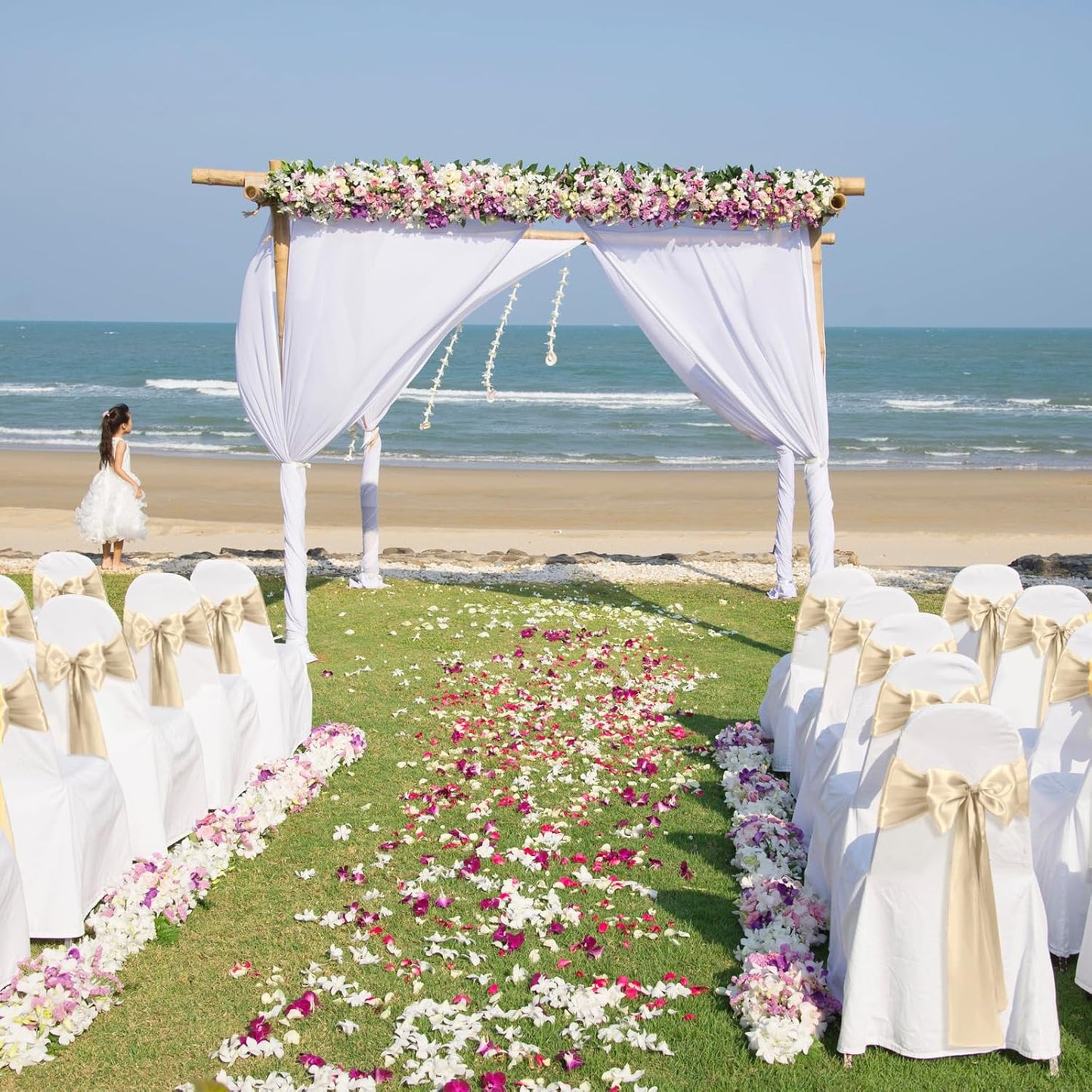 10 PCS Satin Chair Sashes Bows Universal Chair Ribbon Ties Back Sash for Wedding Party Reception Events Banquets Hotel Event Chair Cover Decoration (Champagne 7x108 inch)