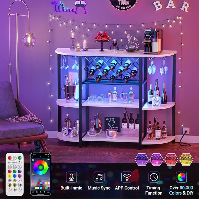 Unikito Bar Table Cabinet with Charging Station, Wine Rack Table with LED Light - Image 5
