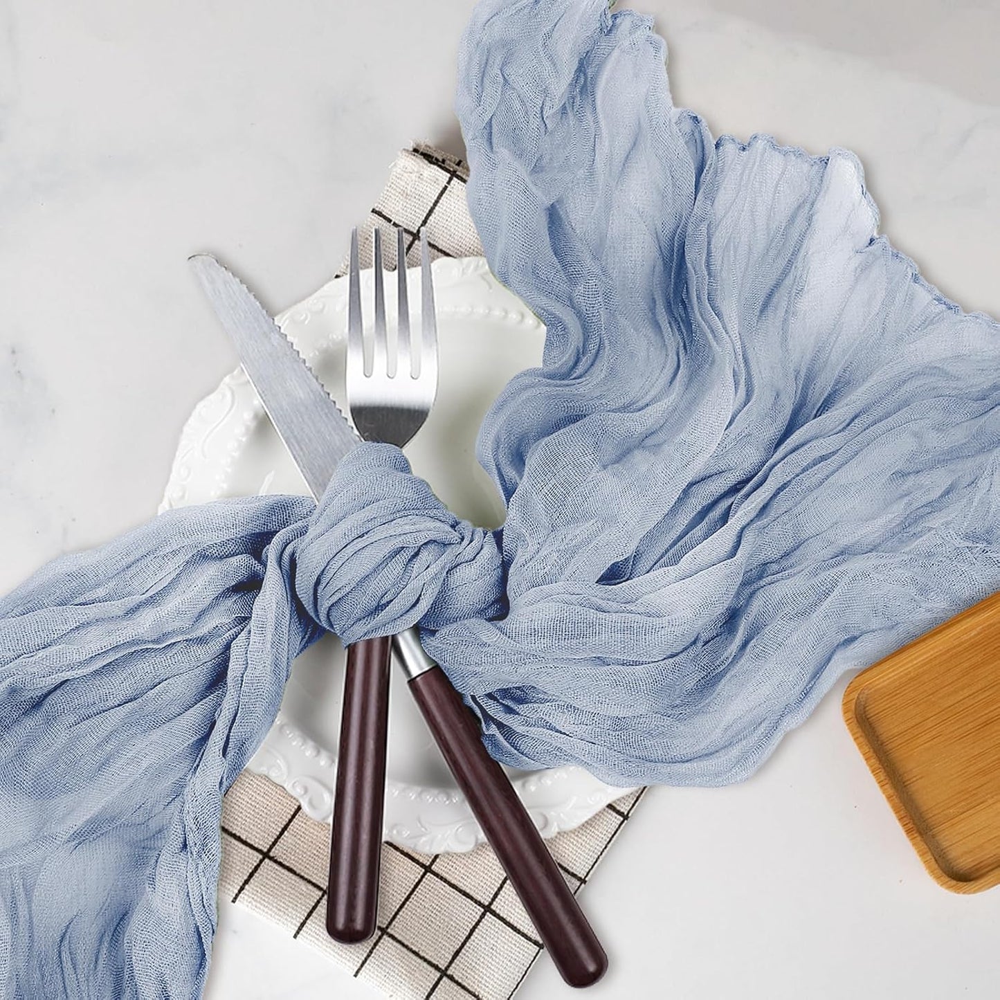 Le courant 6pcs 10Ft Cheesecloth Table Runner, Rustic Boho Gauze Cheese Cloth Runner Table Runner for Weddings Bridal Baby Shower Birthday Holiday Parties Home Decor, Dusty Blue