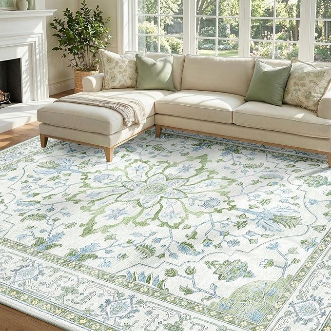 RELEANY Area Rugs 8'x10' Washable Non-Slip, Floral Vintage Distress Print by RELEANY