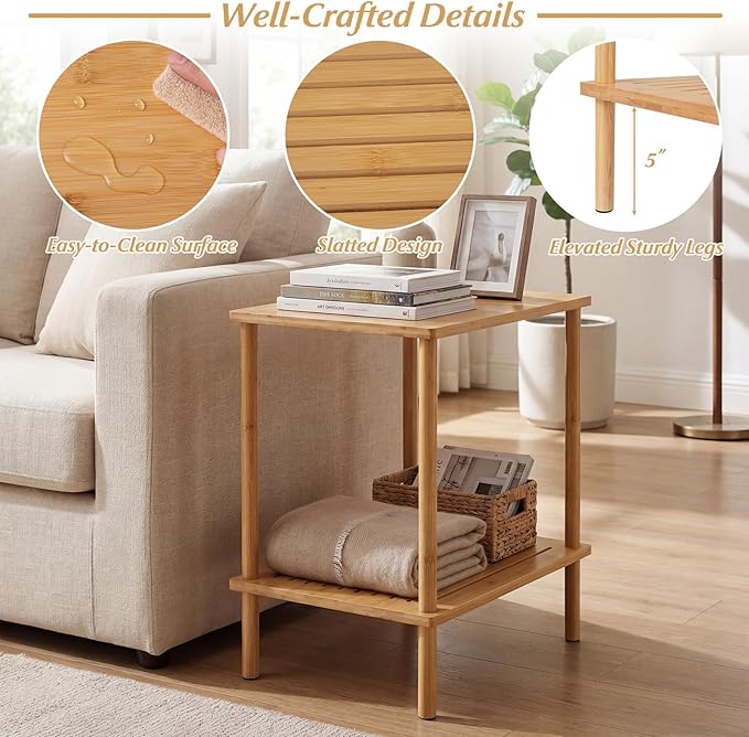 Giantex Bamboo Side Table Set of 2, 2-Tier Sofa End Bedside Table w/Storage - Image 8