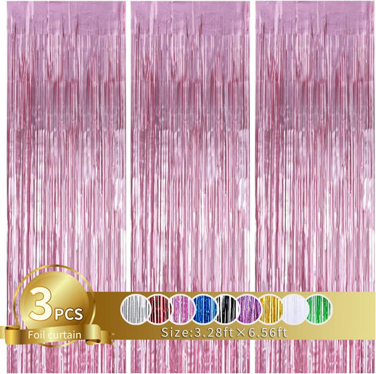 3Pcs Pink Metallic Tinsel Foil Fringe Curtains,3.28ft x 6.56ft Pink Photo Booth Backdrop Streamer Curtain,Photo Booth Props,Ideal Bachelorette Party Supplies,Birthday, Christmas,New Year Decorations