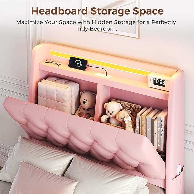 Twin LED Velvet Bed Frame with 2 Storage Drawers&Hidden Headboard, Upholstered - Image 3