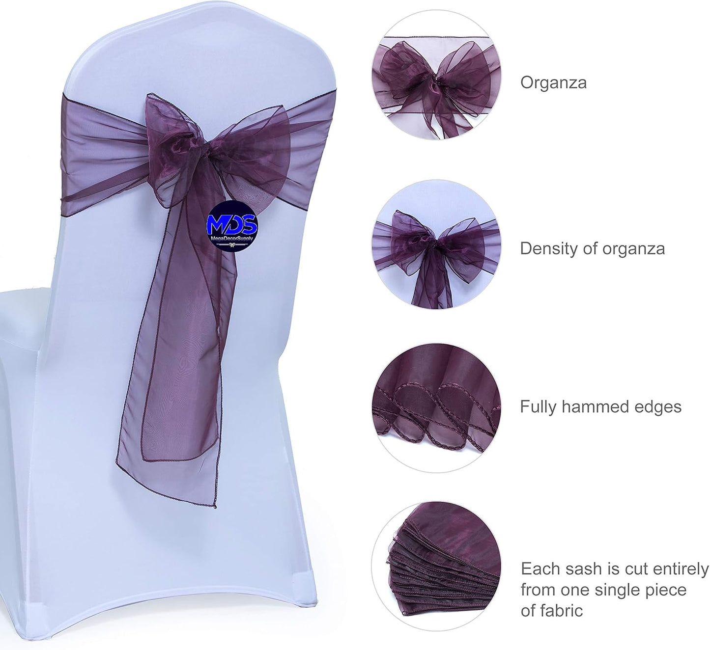 MDS Pack of 75 PCS Organza Chair Sashes Wider Dining Chair Bows Ribbon Tie Back for Wedding Party Birthday Bridal Shower Reception Event Banquet Home Chair Cover Decoration - Plum