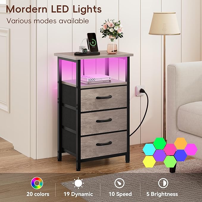 Vagusicc Night Stand with Charging Station, LED Nightstand - Image 4