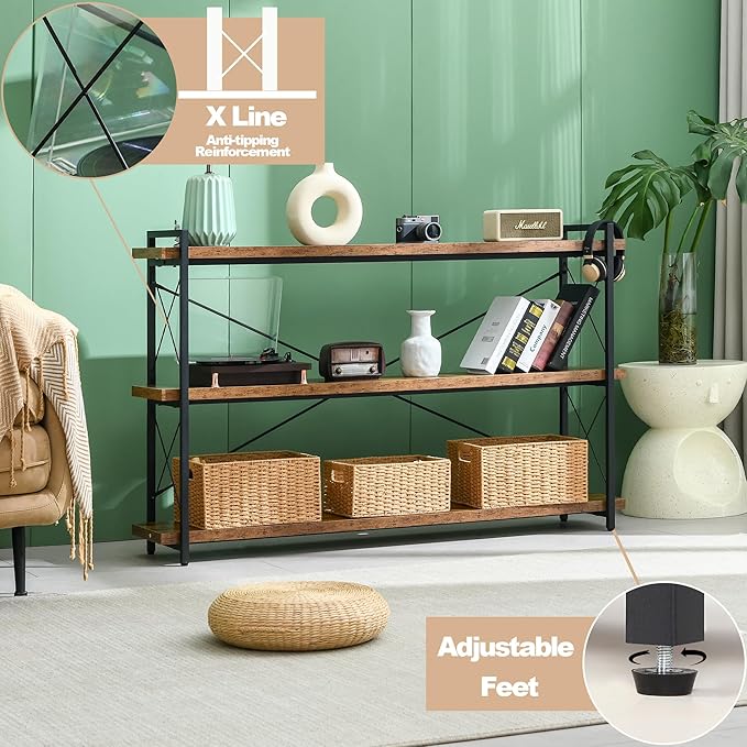 HCHQHS Bookshelf, 3-Tier Long Industrial Bookcase, Rustic Open Book Shelf - Image 6