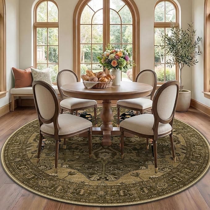 RELEANY Area Rugs Round 7ft Washable Non-Slip, Floral Vintage Distress Print by RELEANY