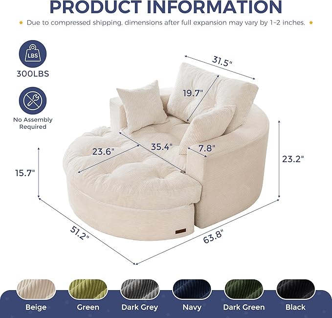 MAXYOYO Oversized Round Chaise Lounge Sofa, Upholstered Lounge Chair - Image 2
