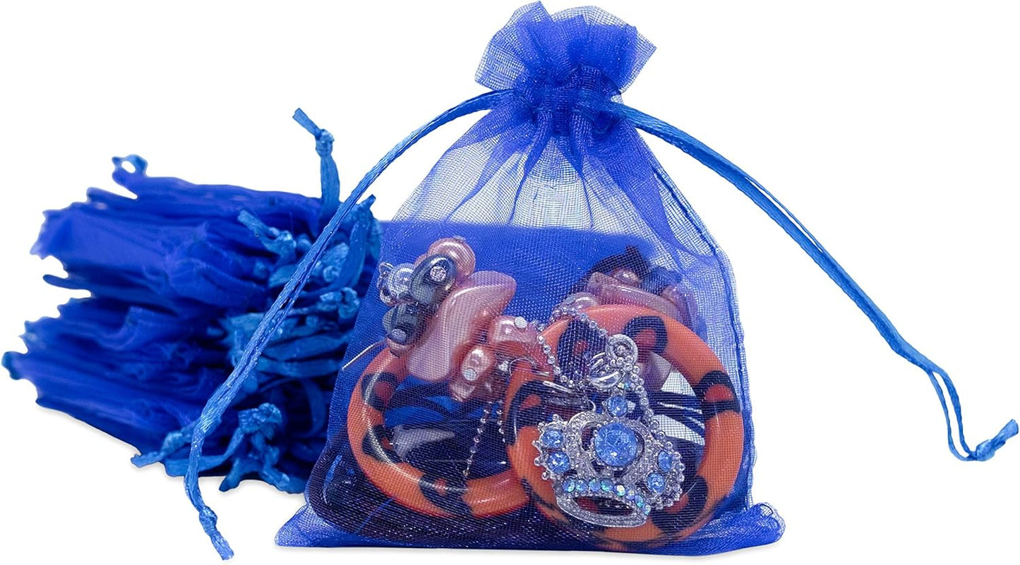 TheDisplayGuys 100-Pack 3x4 Royal Blue Sheer Organza Gift Bags with Drawstring, Jewelry Candy Treat Wedding Party Favors Mesh Pouch