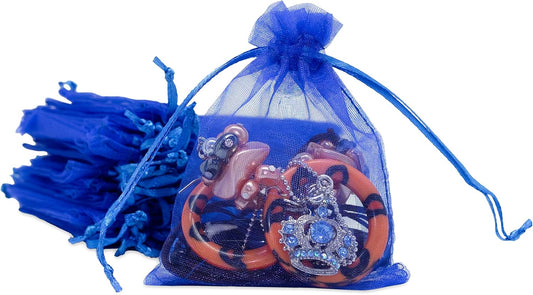 TheDisplayGuys 100-Pack 3x4 Royal Blue Sheer Organza Gift Bags with Drawstring, Jewelry Candy Treat Wedding Party Favors Mesh Pouch