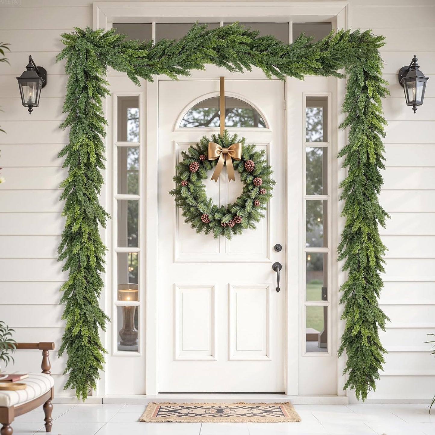 2PCS 6FT Artificial Christmas Garland, Real Touch Greenery Cypress Pine Garland for Mantle Table Railing Fireplace Indoor & Outdoor Christmas Decoration