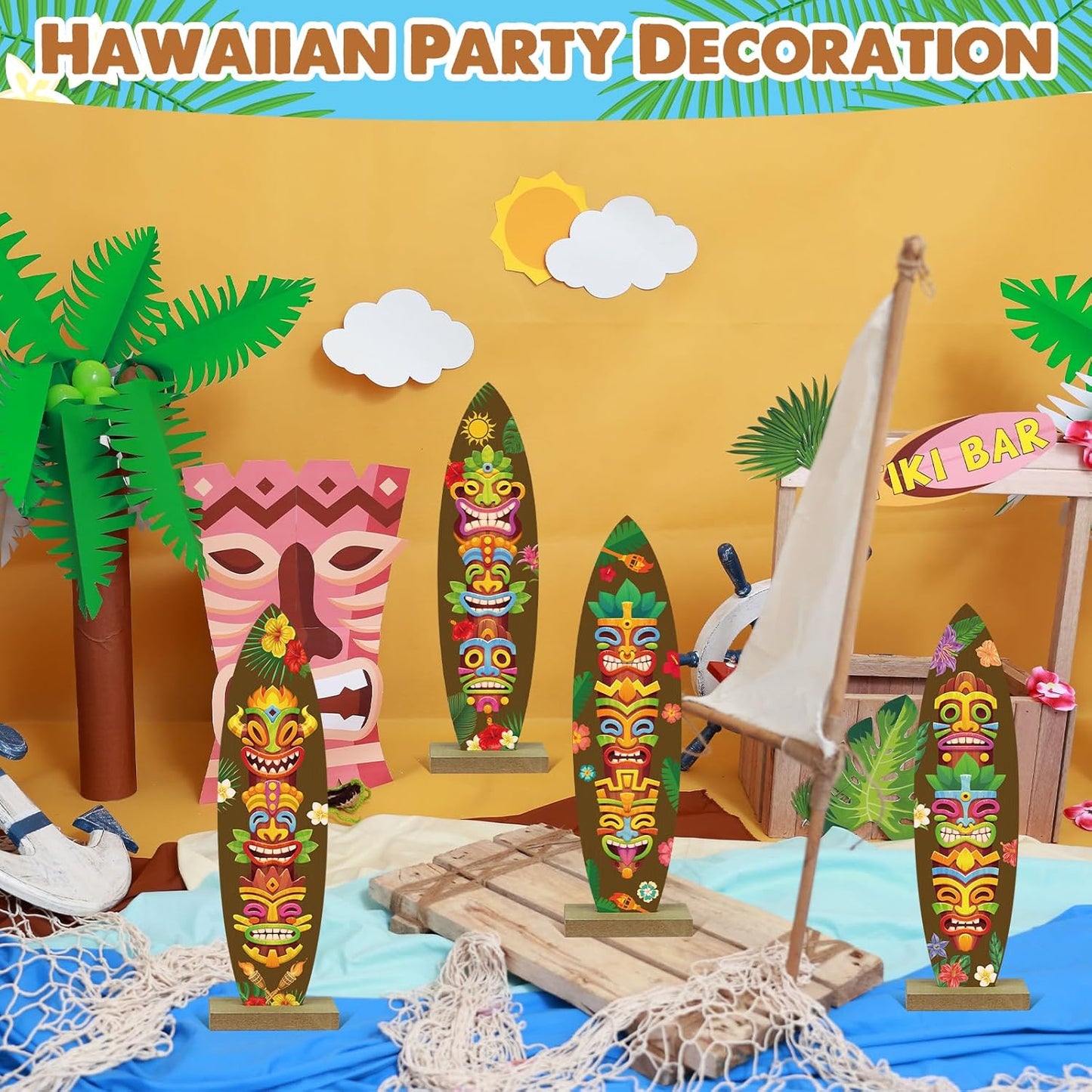 4 Pcs Surfboard Decorations for Party Welcome to Paradise Sign Tropical Bar Table Centerpieces Surfboard Beach Signs for Home Summer Theme Wood Tropical Birthday Party Decor(Tiki Style)