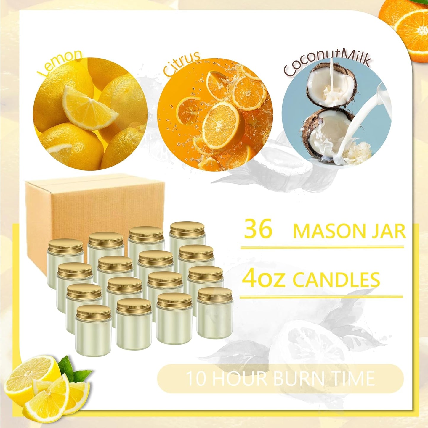 ACITHGL 36 Pcs 4oz Mini Mason Jar Candles Small Scented Candles Bulk Aromatherapy Ideal Souvenir Favors for Wedding Birthday Party (Lemon, Citrus, Coconut Milk, Gold)