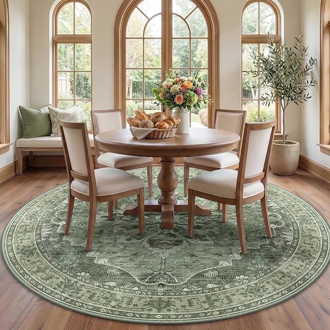 RELEANY Area Rugs Round 7ft Washable Non-Slip, Floral Vintage Distress Print by RELEANY