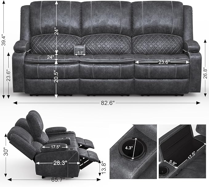 Yolsali 3-Seater Recliner Sofa, Manual Reclining Couch - Image 2