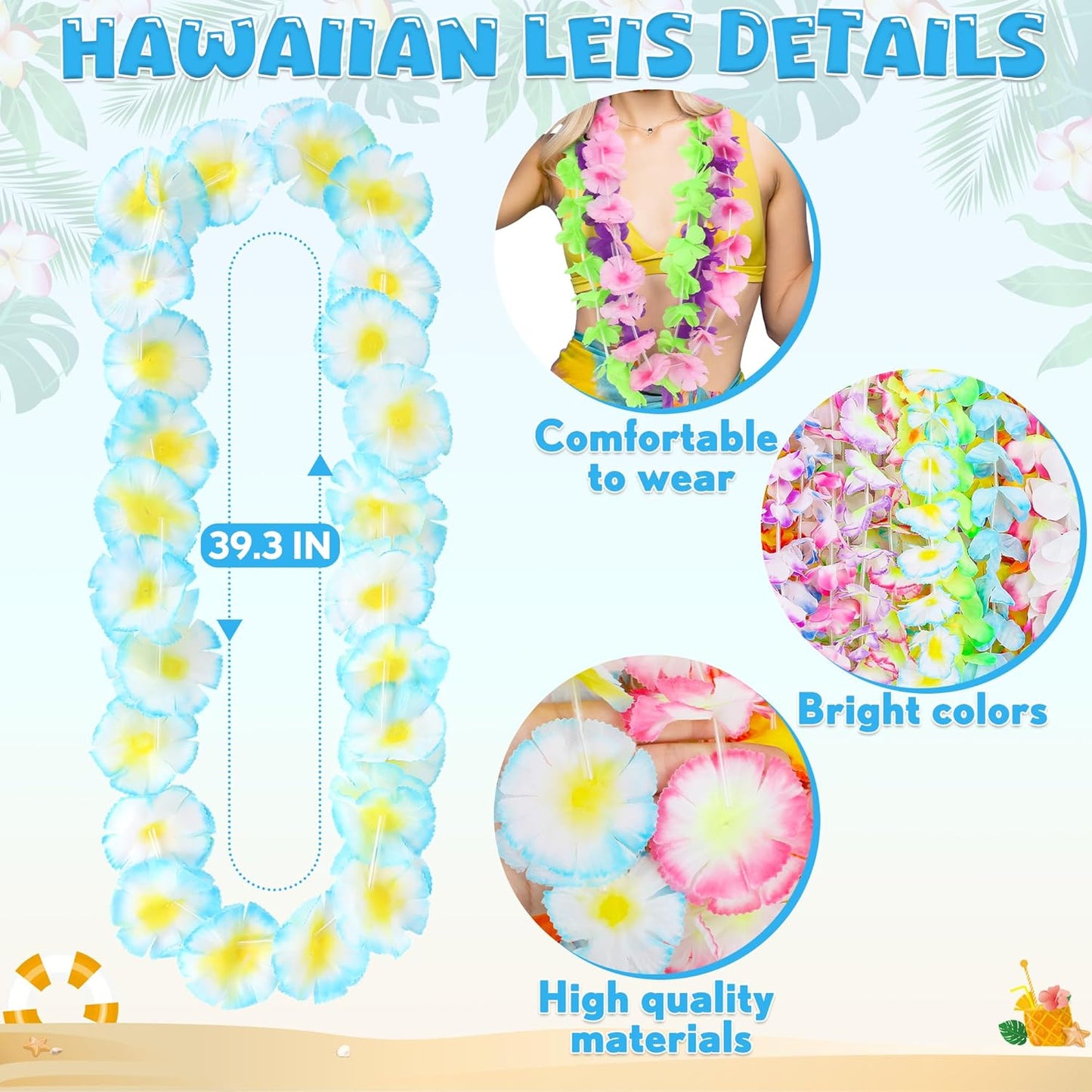 120PCS Hawaiian Leis Party Decorations, Leis for Luau Party Decor, Hawaiian Lei Colorful Tropical Theme Silk Flower Bulk, Flower Garland Summer Pool Birthday Favors Supplies Accessories ﻿