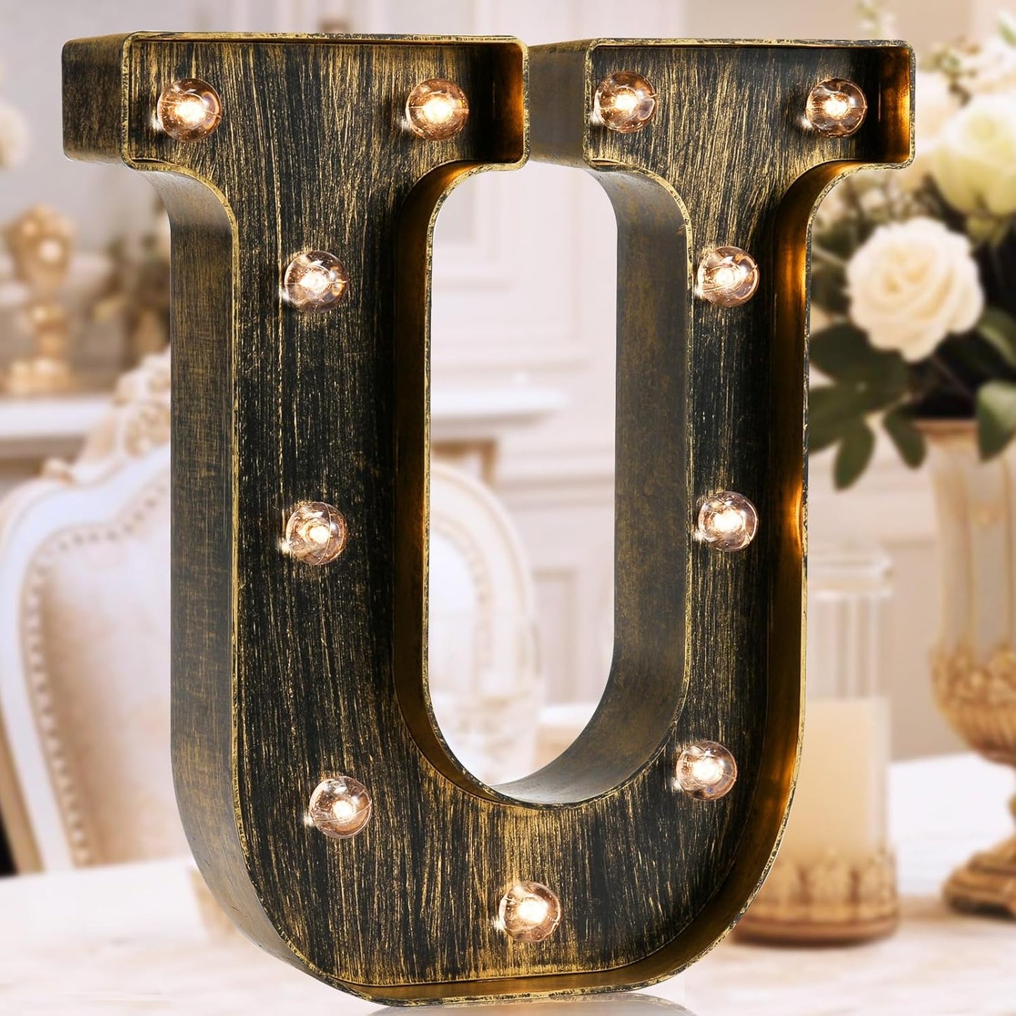 OYCBUZO Golden Black Led Marquee Letter - Industrial, Vintage Style Light Up Alphabet Letter Sign for Cafe Wedding Birthday Party Christmas Lamp Home Bar Initials Decor - U