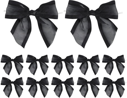 AIMUDI Black Bows for Crafts 4" Organza Bows Premade Twist Ties Bows for Gift Wrapping Treat Bags Baskets Cake Pop Baby Shower Birthday Wedding Decor - 12 Counts