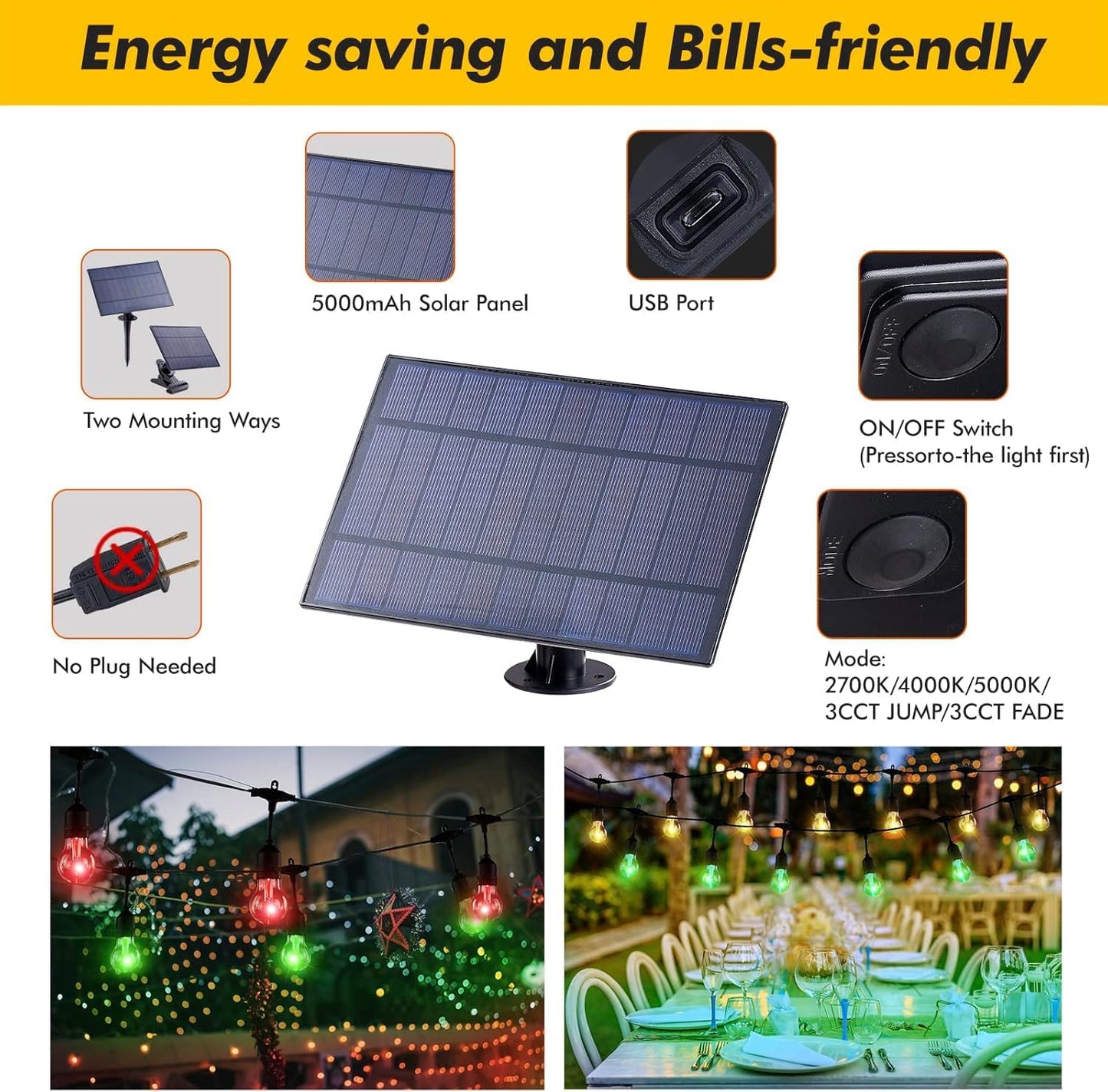 144FT Solar Outdoor String Lights, 45 Shatterproof E26 Edison LED Bulbs, IP65 Waterproof Dimmable RGB Color Changing Patio Lights with 8 Modes & Remote for Garden, Cafe