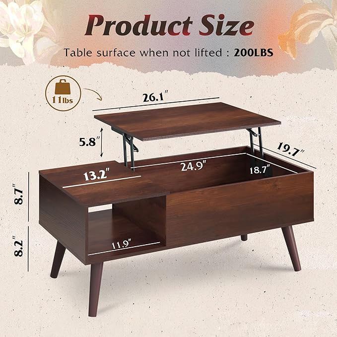 WLIVE Coffee Table for Living Room, Lift Top Coffee Table - Image 3