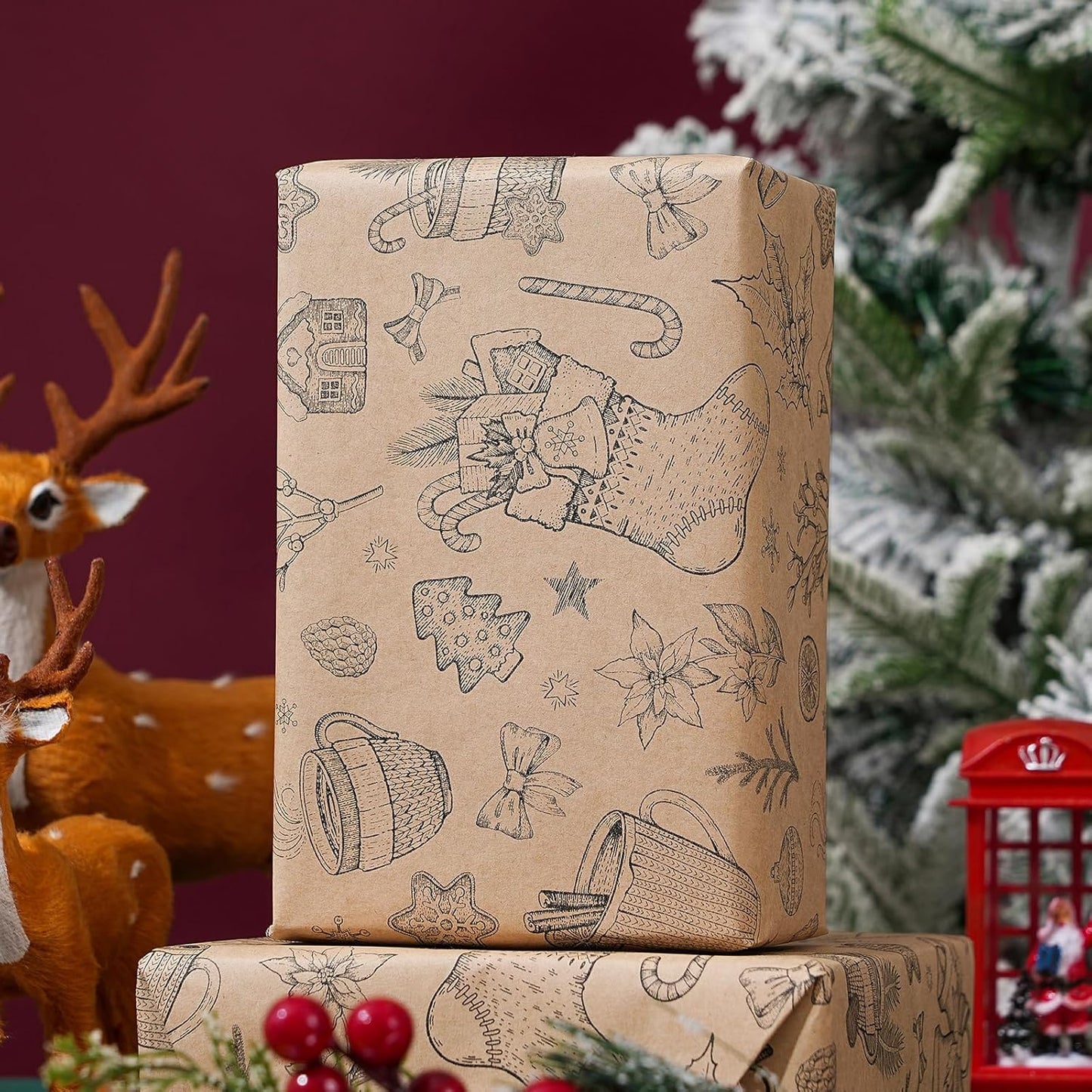 Ulmasinn Vintage Christmas Wrapping Paper Roll - Brown Kraft Paper 17" x33ft - with Cutting Line, Hand-Drawn Holiday Elements, Xmas Gift Wrap for Presents, Table Decor & Crafting