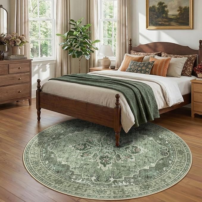 RELEANY Area Rugs Round 7ft Washable Non-Slip, Floral Vintage Distress Print - Image 2