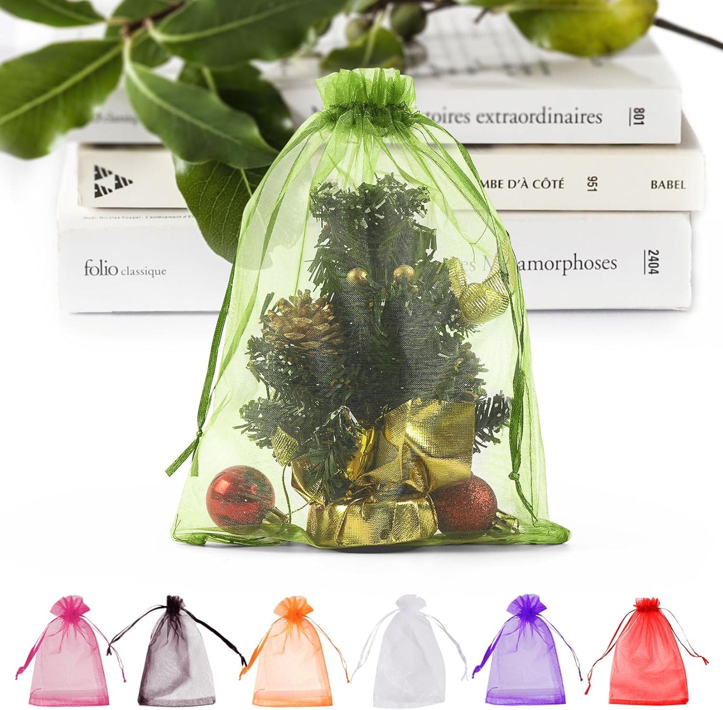 ANZNKU 100 Pack Green Organza Bags 6x9 inches Mesh Bags Drawstring, Sheer Organza Gift Pouches for Party Favor Wedding Christmas