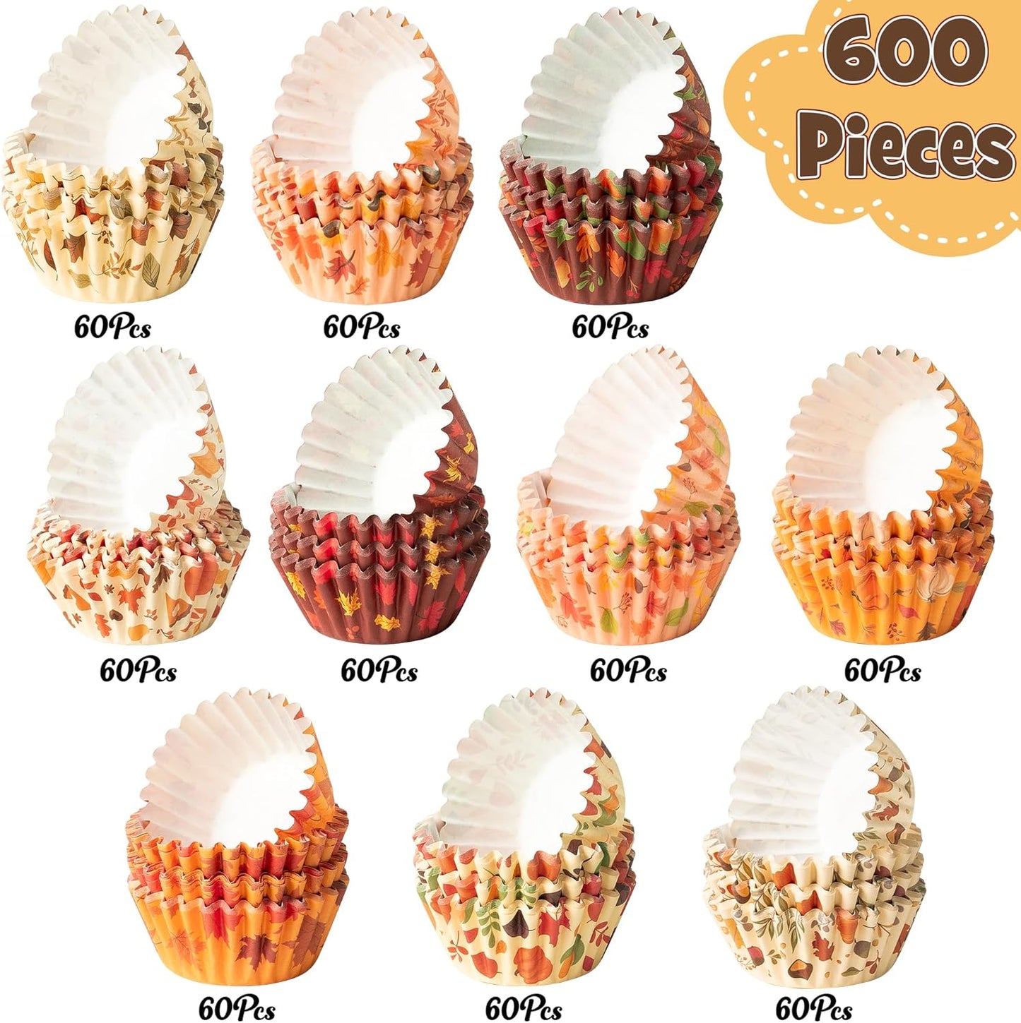 COcnny Thanksgiving Mini Cupcake Liners - 600pcs Fall Baking Cups Muffin Cupcakes Wrappers, Pumpkin Maple Leaf Turkey Cake Wrap Making Supplies for Thanksgiving Autumn Halloween Party (10 Styles)