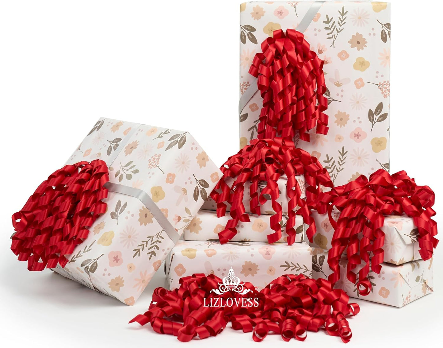 6 Inch Red Curly Bows for Gift Wrapping Set of 6, Self Adhesive Bows Red Gift Bows for Presents, Satin Ribbon Bows for Birthday, Wedding, Christmas, Bridal Shower, Gift Wrap Accessory