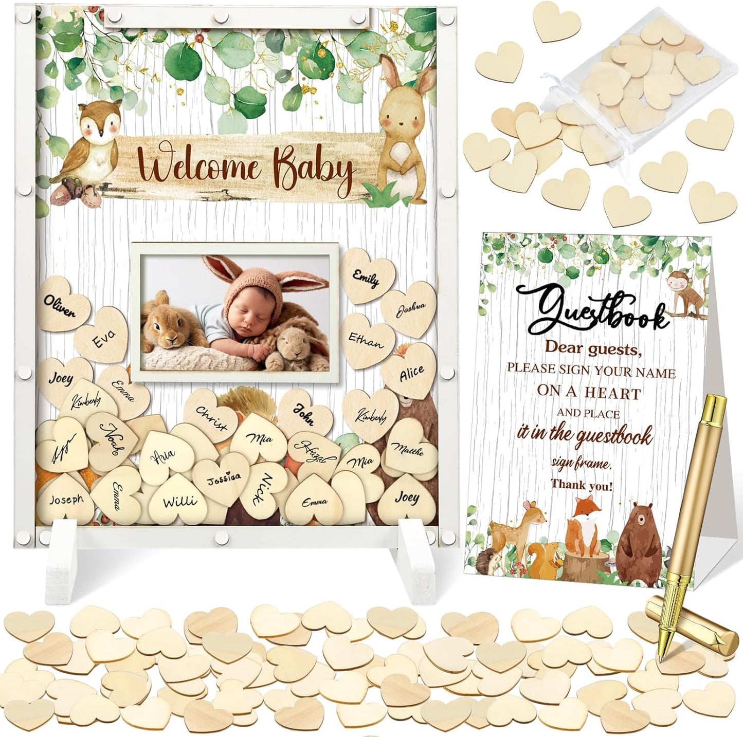 65 Pcs Woodland Animal Baby Shower Guest Book Alternatives He or She Gender Reveal Baby Shower Decorations Sign in Guest Book with Picture Frame and 60 Wooden Chip