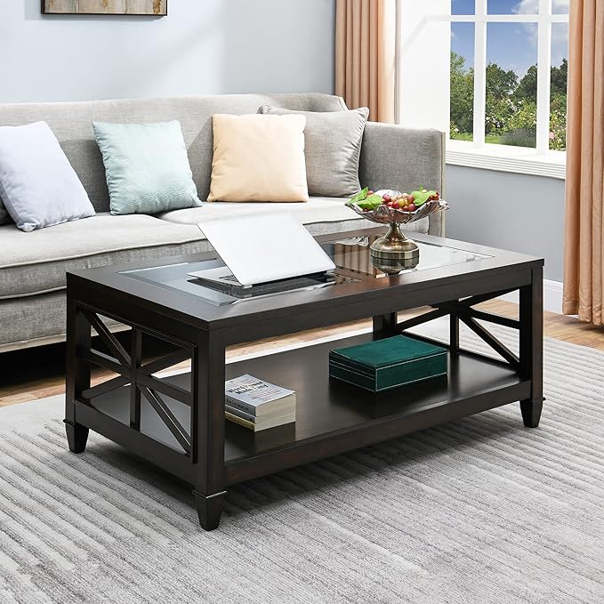 Solid Wood Coffee Table with Tempered Glass Top, 2-Tier 45.5" X 26" Farmhouse by JESONVID