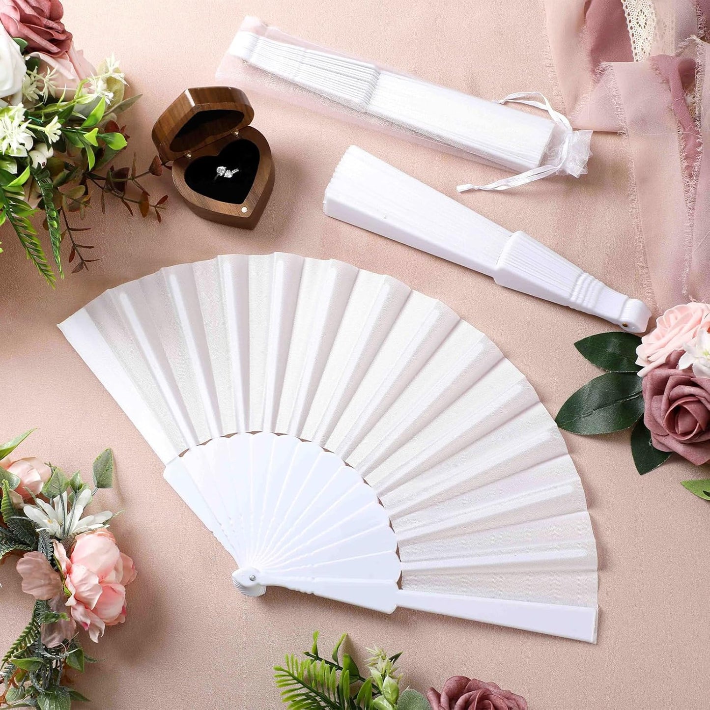 Wenqik 80 Pcs Wedding Folding Hand Fans Bulk Silk Fabric Chinese Handheld Foldable Clack Fans with Plastic Ribs for Party, Wedding Gifts, Line Dancing, Home Decorative (White)