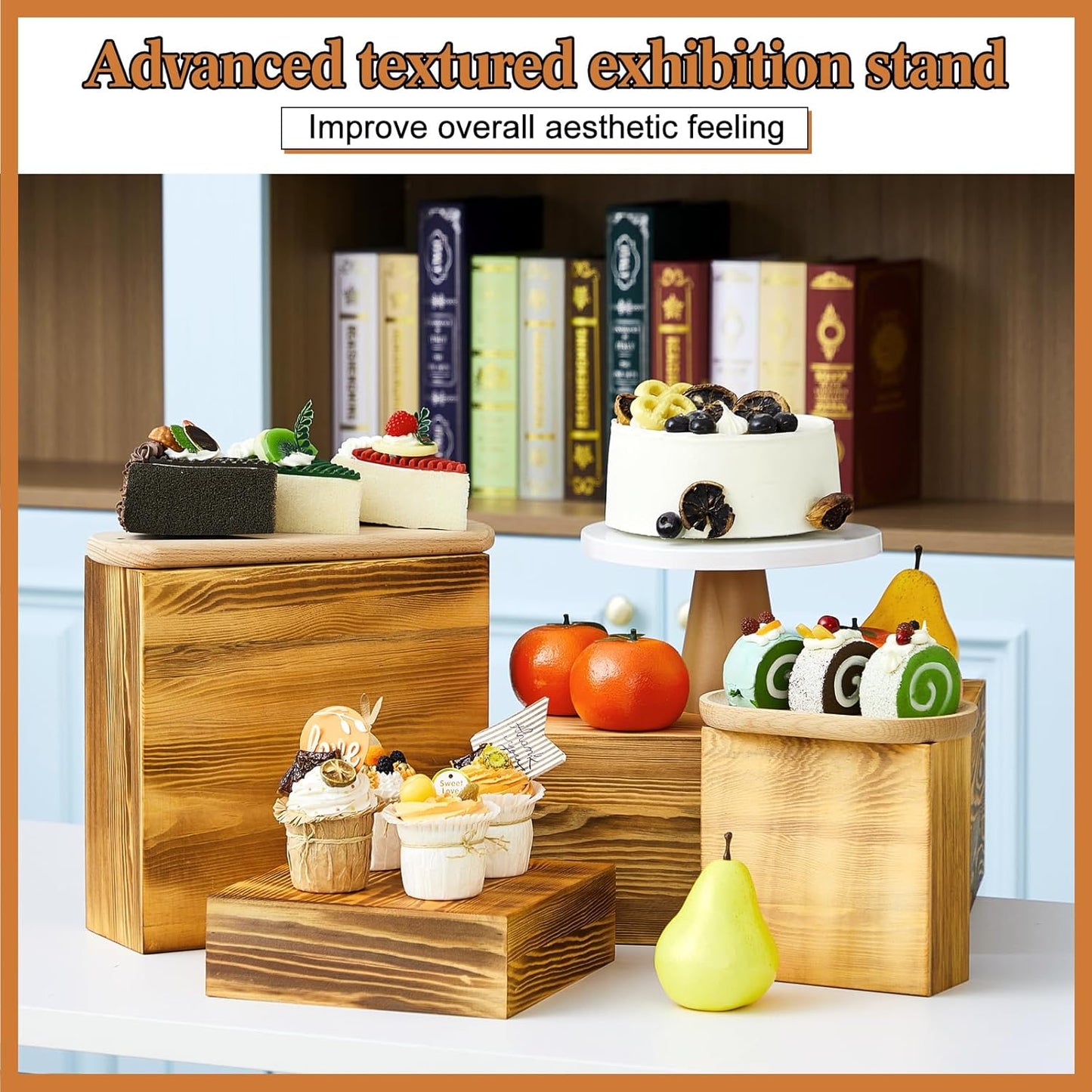 Roowest Set of 4 Wood Display Risers Rustic Cupcake Stand Rustic Wood Cake Stands Wooden Stackable Display Box for Dessert Wedding Birthday Christmas Village Party Decoration(Rustic Brown)