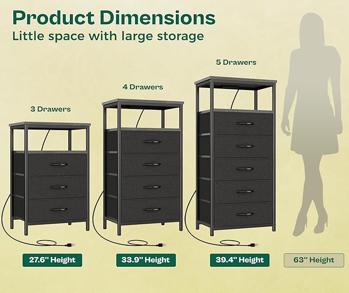 Huuger Night Stand with Charging Station, 4 Drawer Dresser - Image 5