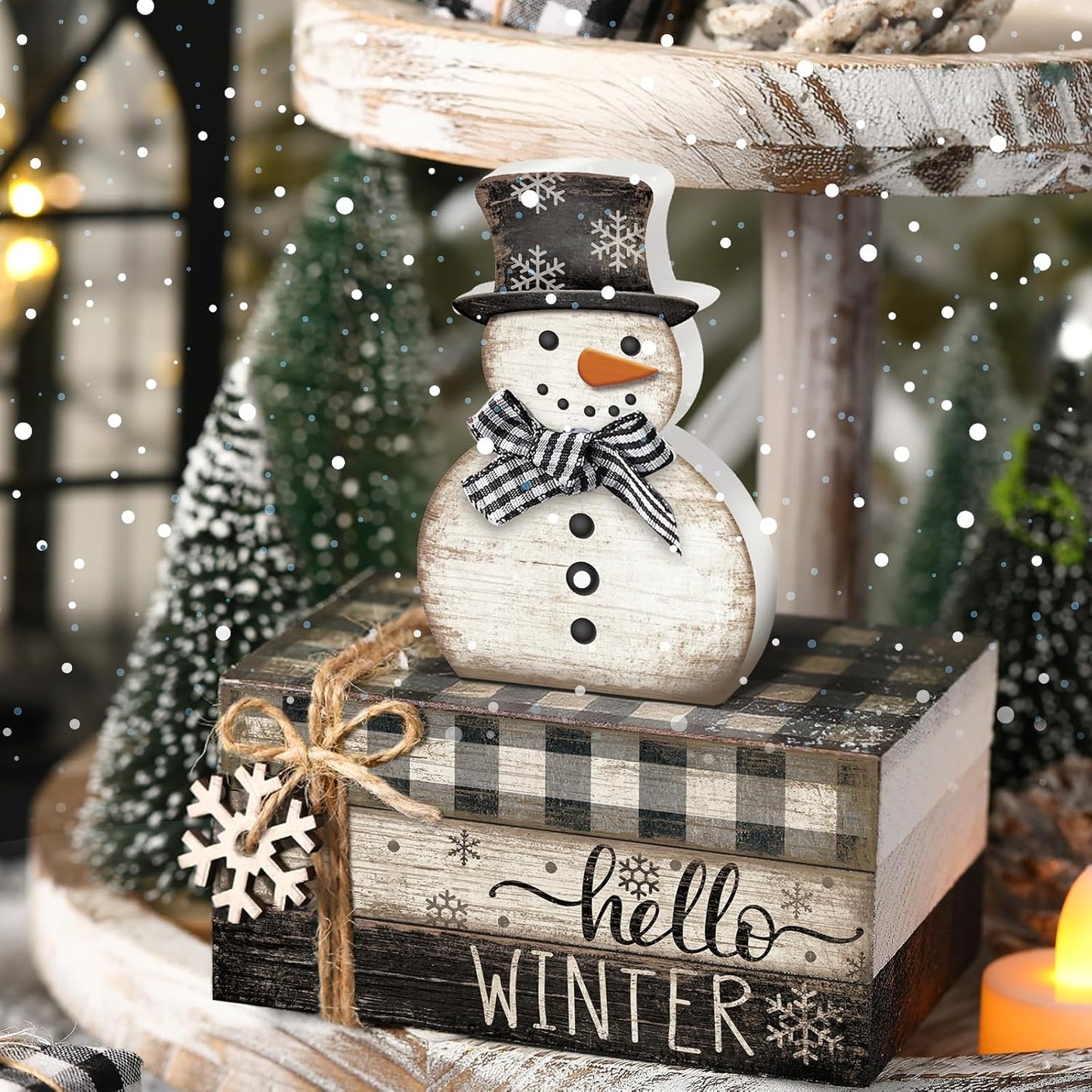 4 Pcs Snowman Christmas Decor Winter Table Decorations Christmas Tiered Tray Decor Winter Centerpiece Indoor Rustic Wooden Snowman Block Sign Gift Farmhouse for Home Kitchen Shelf