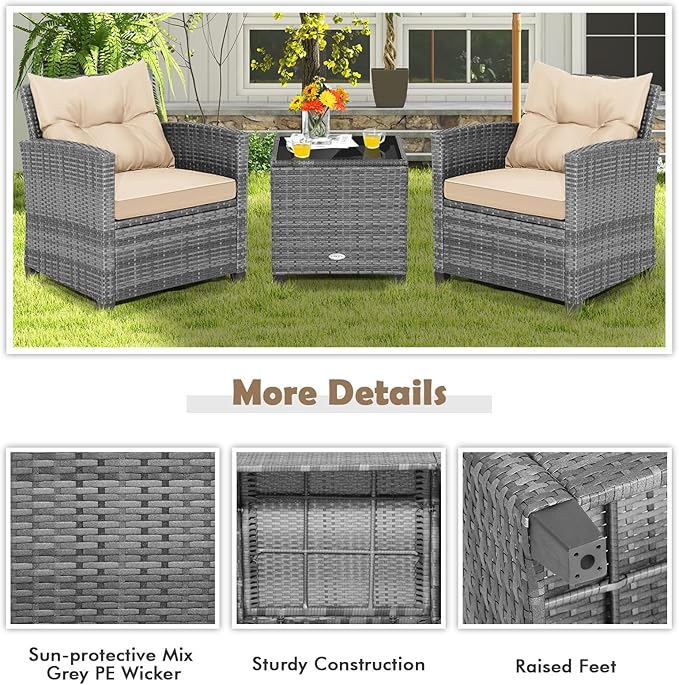 COSTWAY 3PCS Patio Furniture Set, PE Rattan Wicker Sofa w/Washable Cushion and - Image 7
