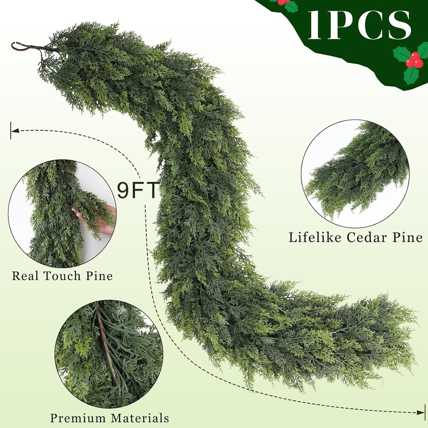 Christmas Cedar Garland - 9ft Artificial Cedar Garland Faux Lush Green Fake Pine Needles for Fireplace,Table,Window,Stairs,Mante,Holiday Indoor Outdoor Xmas Decor(1PCS)