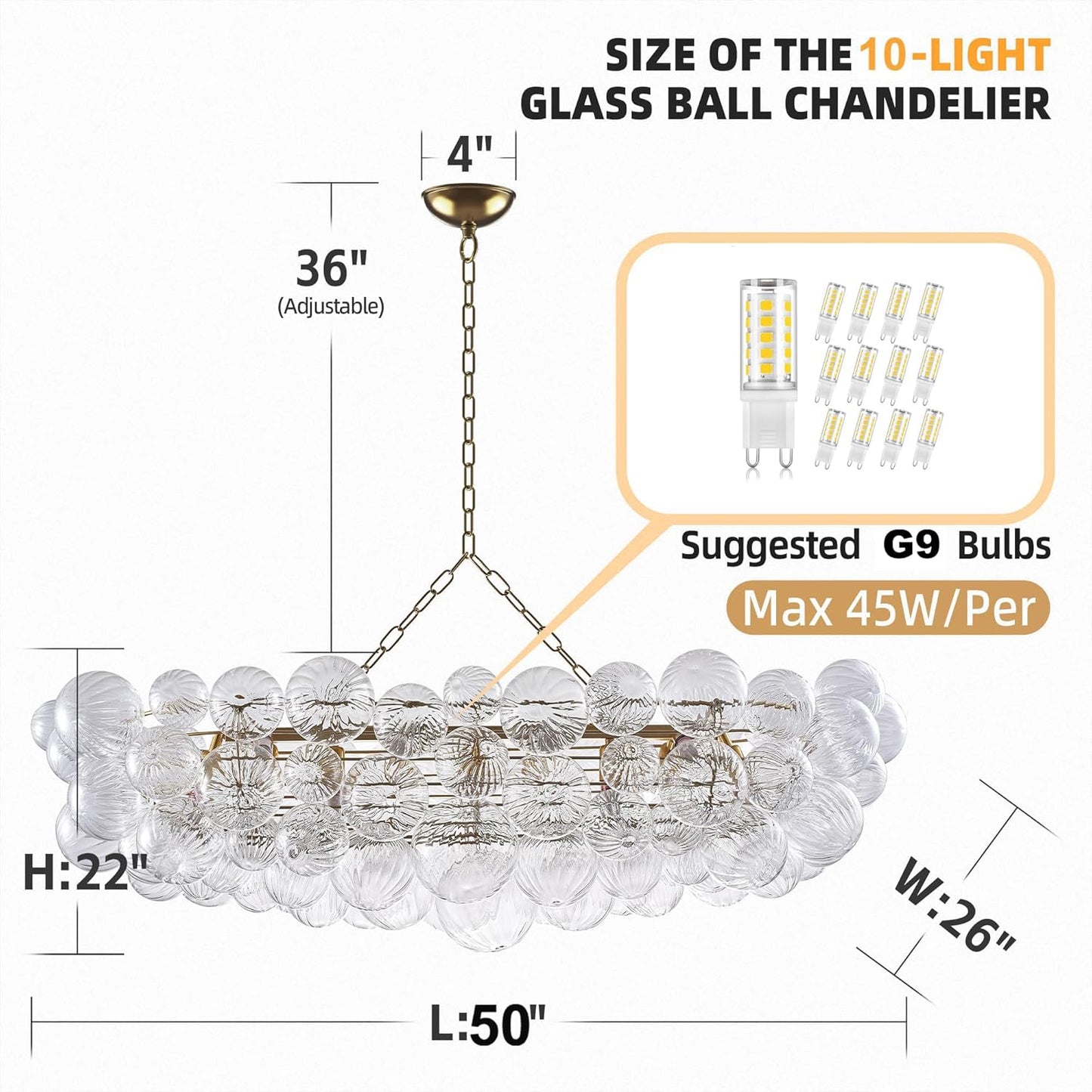 Nordic Bubble Ball Swirled Glass Chandelier 50 inch Rectangular Island Light Fixture Gild Gold and Clear Blown Glass Lighting for Dining Table, Living Room