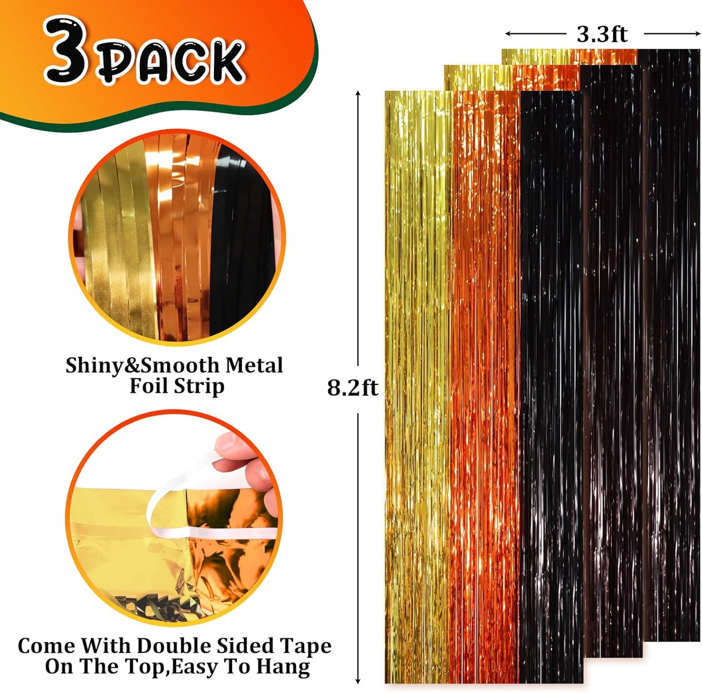 3 Pack 3.3 x 8.2 ft Black Gold Orange Foil Fringe Backdrop Curtains, Tinsel Streamers Party Decorations, Fringe Backdrop, Door Shimmer for Construction or Birthday Party