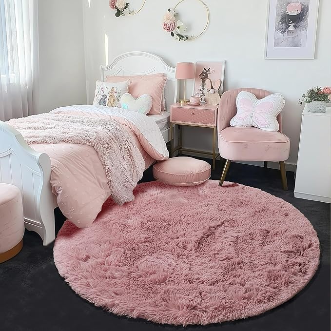 Blush Pink Small Round Rug 3Ft for Kids Bedroom, Fluffy Fuzzy Furry Circle Area - Image 2