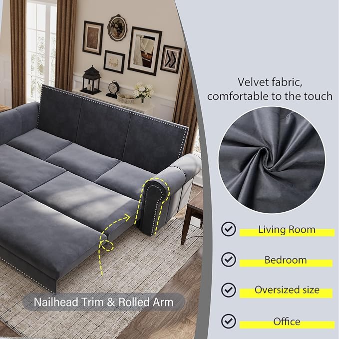 93.7" King Pull Out Sofa Bed, 3 in 1 Convertible Sleeper Sofa Couch 3-Seater - Image 7