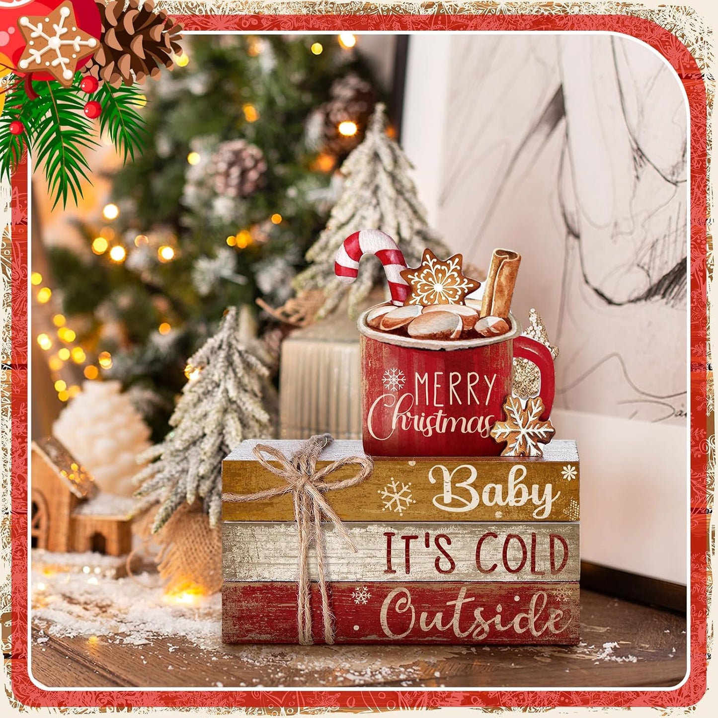 4 Pcs Christmas Table Decor Wooden Hot Cocoa Decoration Christmas Centerpiece Winter Tiered Tray Decor Decorative Red Hot Cocoa Block Signs Gift Farmhouse Xmas Decoration for Home Kitchen