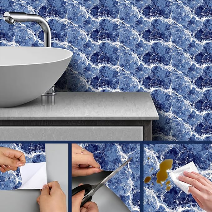HOMETITUTE Blue Marble Wallpaper Peel and Stick Ocean Wave Pattern 118.1x17.7 - Image 4