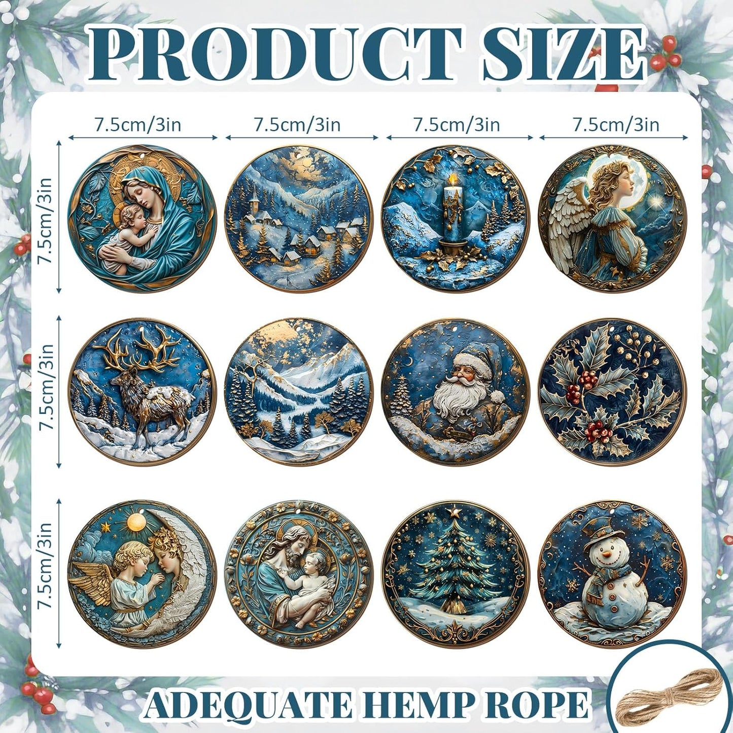 Suzile 36 Pcs Christmas Wooden Ornaments Navy Blue Christmas Tree Decoration Retro Round Nativity Scene Snowman Ornaments Vintage Xmas Hanging Decoration for Farmhouse Home Wreaths Winter Party