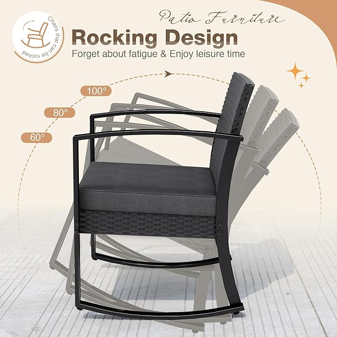 Greesum 3 Pieces Outdoor Furniture Set Patio Bistro Rocking Chairs - Image 2